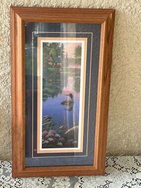 Kim Norlien "Beyond Still Waters" Framed Vertical Loon and Cabin Art Print